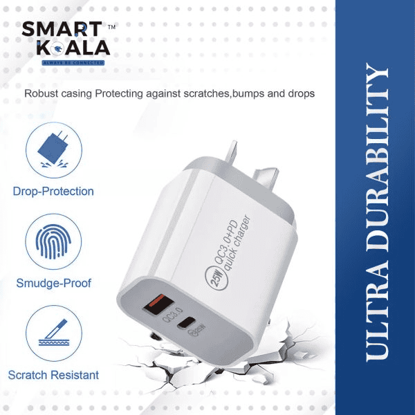 Smart Koala 25W PD Type C + USB A QC3.0 SAA Certified Super Fast Charging Dual Charger Wall Plug Power Adapter For Apple, Samsung, Google, Oppo Smart Koala 25W PD Type C + USB A QC3.0 SAA Certified Super Fast Charging Dual Charger Wall Plug Power Adapter For Apple, Samsung, Google, Oppo